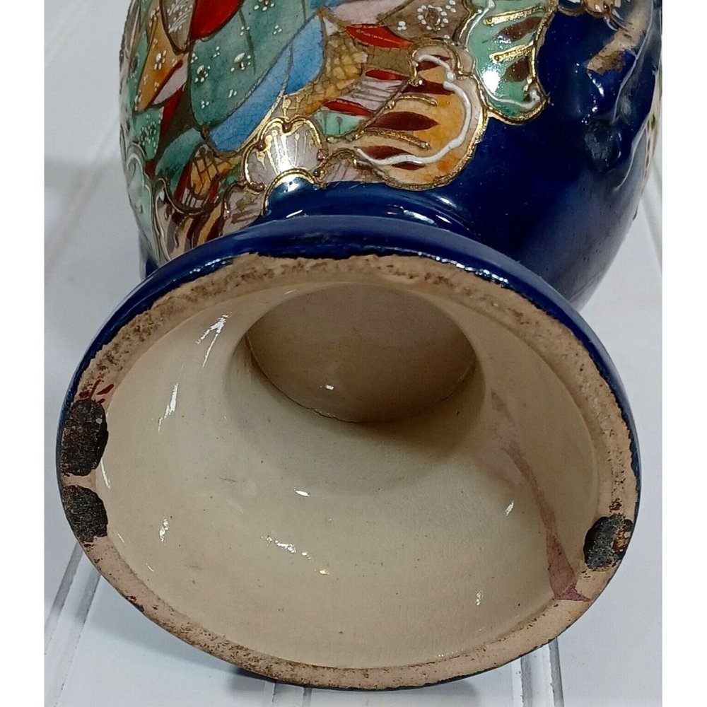 Antique Famille Immortals Japanese Satsuma Moriage Cobalt Blue Vase 12" Vintage - Picture 9 of 9